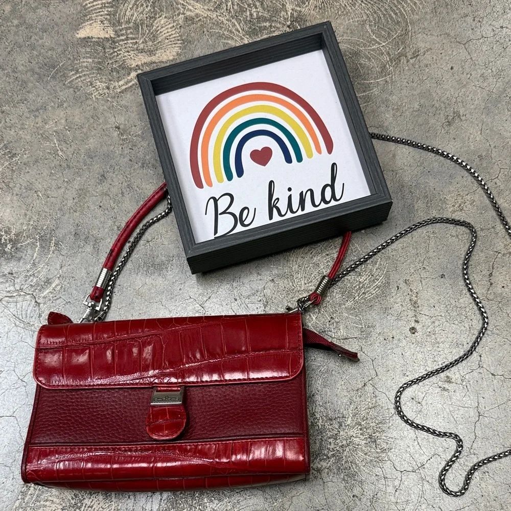 * BRIGHTON red croc-embossed leather crossbody clutch silver-tone chain strap